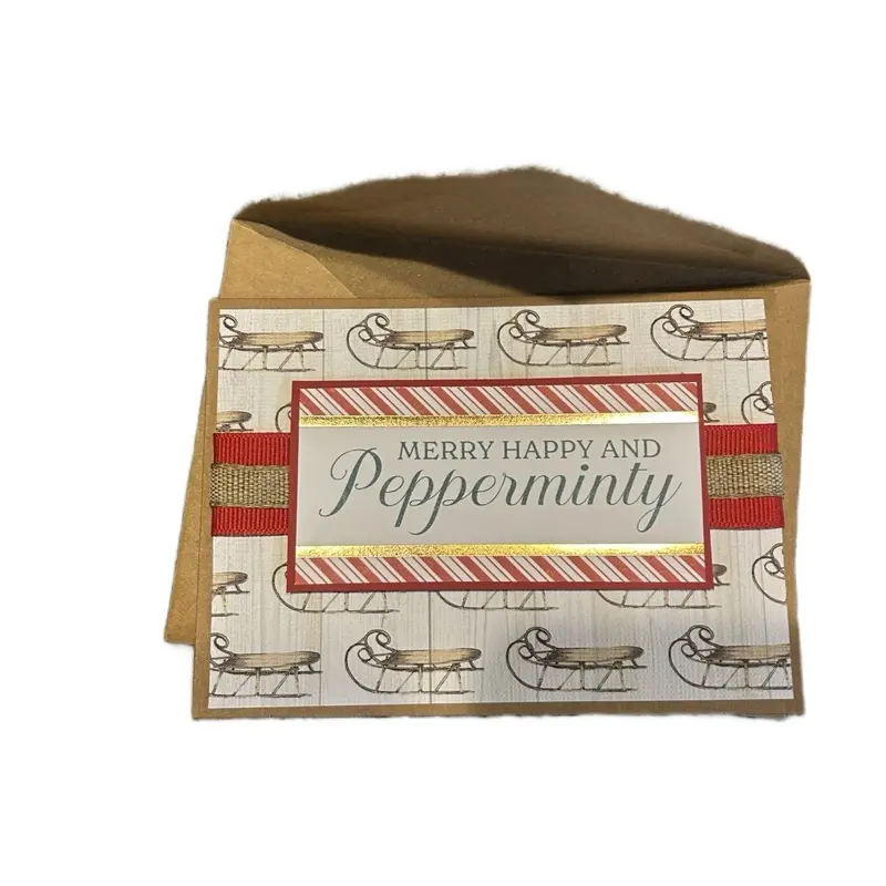 Homemade Mystery Christmas Card Merry Happy and Pepperminty Design with Sleighs and Red Stripes Festive Holiday Greeting
