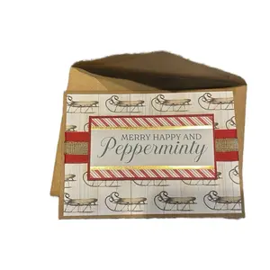 Homemade Mystery Christmas Card Merry Happy and Pepperminty Design with Sleighs and Red Stripes Festive Holiday Greeting