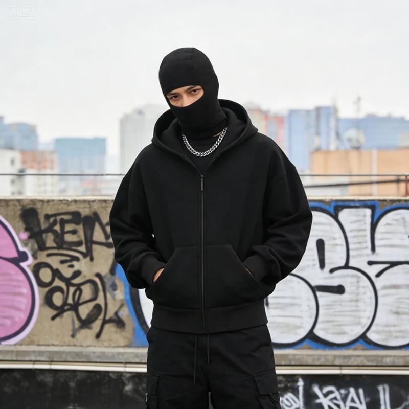 Balaclava Jacket Zip Up Fashion Double Layer Hoodie Hip Hop Outerwear Jacket Y2K Clothing for Men and Women
