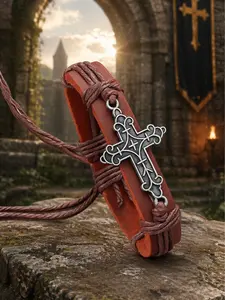 The Armored Kingdom Adjustable Leather Cross Bracelet - Brown, Handcrafted Genuine Leather, Unisex, Ideal for Daily Wear, Faithful Gift, Yes