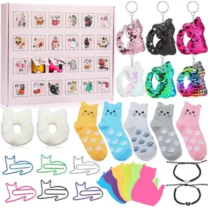 Cat Advent Calendar 2025, 24 Days Calendar with Assorted Cat Lover Gifts for Countdown 27 Pcs Clip Christmas Socks Keychain Sticky Notes Bracelets Hair Ties Xmas Gift