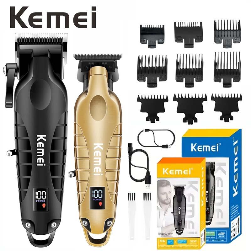 Kemei 2 Pieces 1 Set Professional Cordless Hair Clipper and Trimmer Kit 2290 2293 Rechargeable Lithium Battery Haircut Machine Barber Fade Clipper Zero Gap T Blade Trimmer Taper Grooming Tool for Men Home and Salon