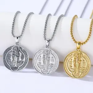DRINSPER San Benito plata 925 colgante collar, Saint Benedict Pendant Necklace, 925 Sterling Silver, Vintage St Benedict Medal, Christians Belief Religious Jewelry Gift for Men Women