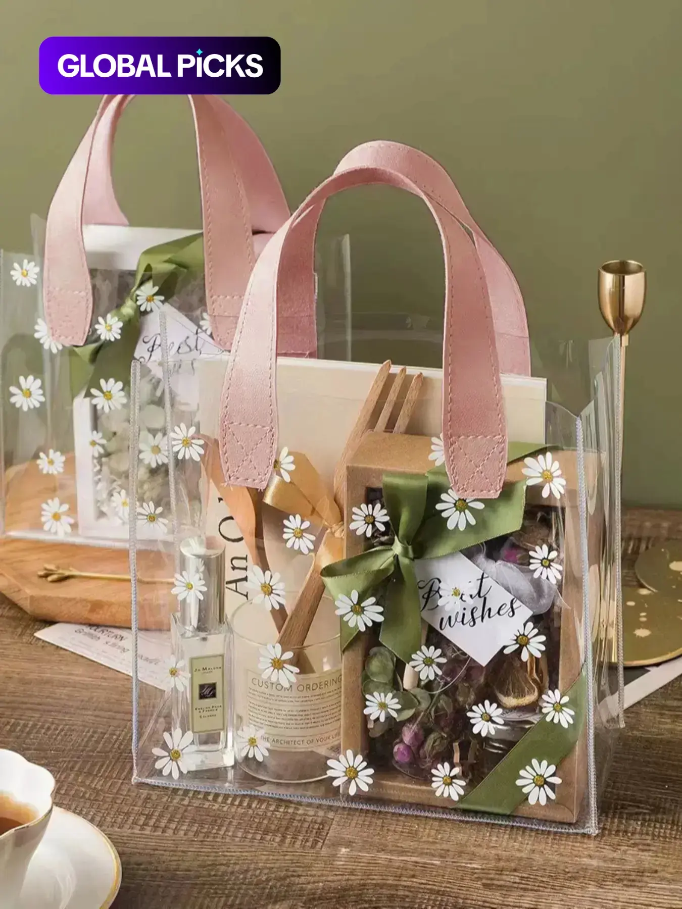 Clear Daisy Floral Charm Aesthetic Tote Bag, Cute Gift Bag for Women, Wedding or Birthday Gift Ready Packaging, Trendy Versatile Handbag for Daily Use