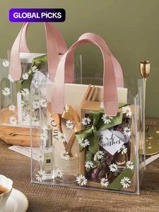 daisy pattern clear tote bag, cute floral pattern transparent gift bag, women's wedding birthday gift wrapping bag, trendy all-match handbag for daily use, unique bags, shopper handbag, graduation gifts