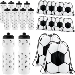 20 Pcs Soccer Party Favors 10 Pcs 13.4 x 16.9 Inch Soccer Drawstring Bags and 10 Pcs 24 oz Soccer Squeeze Water Bottles Football Drawstring Backpack Sport Bottles Plastic for Kids Party Supplies