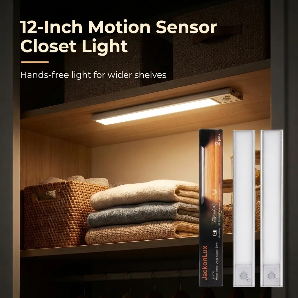12-Inch Rechargeable Closet Light, Motion Sensor 3-Color Dimmable Magnetic Shelf Light for Closet, Pantry Shelf & Stairs, 2/4/8 Pack