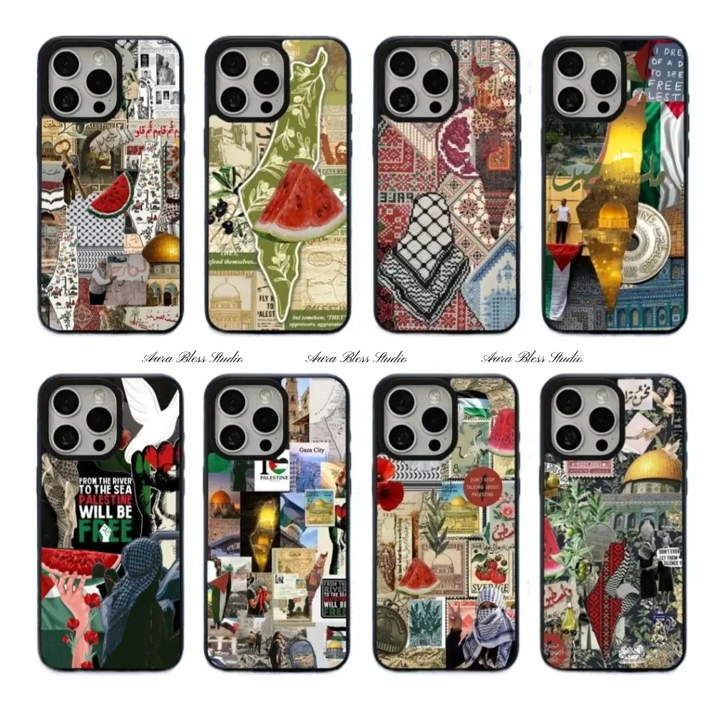 Art Collage Palestine Flag Magsafe Phone Cases For iPhone 17 Promax Air 16 15 14 Pro Max Plus 13 12 Magnetic Wireless Charging Black TPU Shockproof Protective Cover Gifts For Birthday Valentine Christmas Thanksgiving Halloween