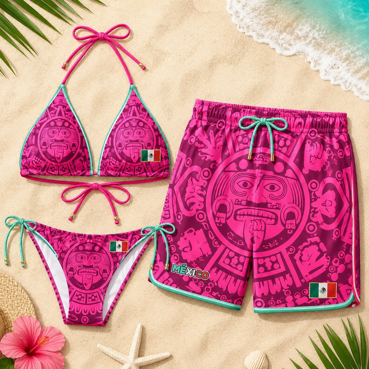 Mexico Matching Swimsuit Set, Pink Mexican Flag Bikini and Swim Trunks, Aztec Calendar Couples Beachwear, Heritage Vacation Gift