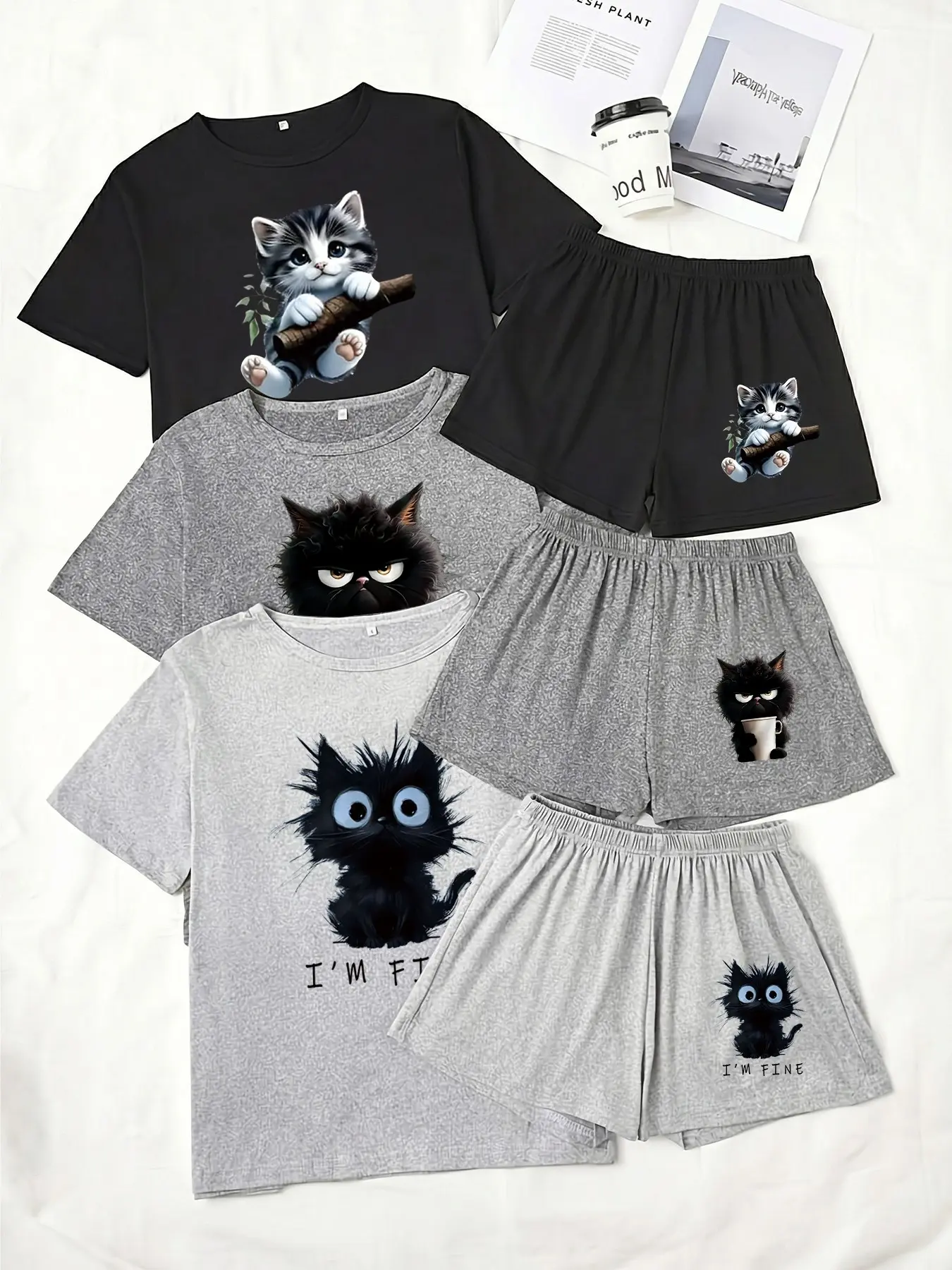 Three-Piece Pajama Set for Women, Short Sleeve Top and Shorts, Cartoon Cat Print, Casual Loose-Fitting Sleepwear, Loungewear, Comfortable Nightwear, Lightweight, Pjs, Casual Pyjama Set
