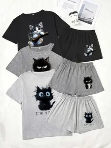 Three-Piece Pajama Set for Women, Short Sleeve and Shorts, Cartoon Cat Print, Casual Loose-Fitting Sleepwear, Loungewear, Comfortable Nightwear