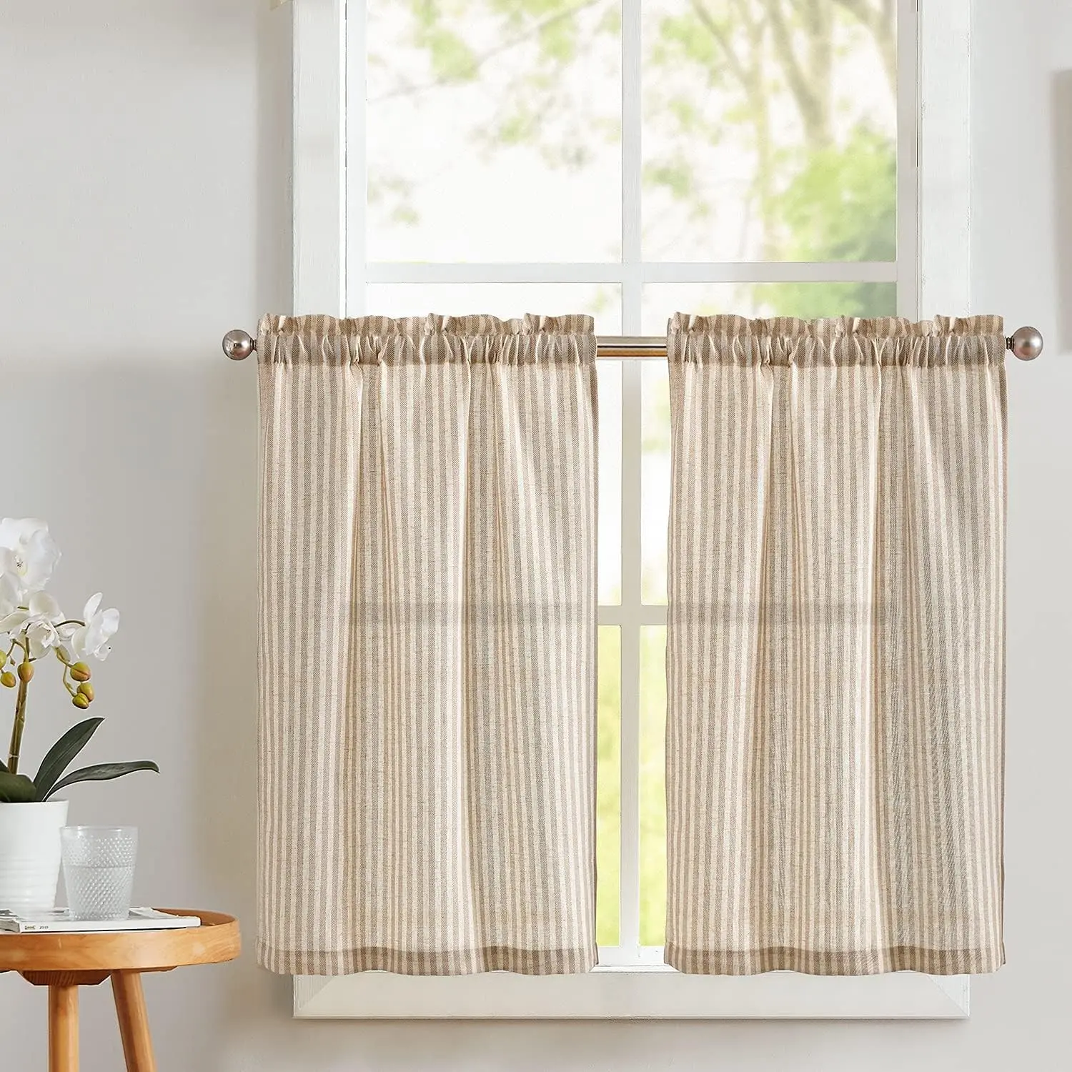 Stripe Farmhouse Kitchen Curtains 36 Inch Length Linen Cafe Curtains Tickingstripe Tier Drapes Pinstripe Semi-Sheer Window Treatments Rod Pocket 2 Panels Taupe on Beige