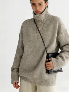 Women's Vintage Style Half-Zip Sweater Knitwear, Casual Long Sleeve Round Neck Knit Top, Autumn Winter Fashion Pullover, Ladies' Clothing