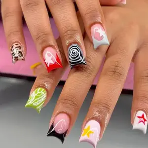 24 Pcs Colorful Mixed Nail Art Set, Easy Stick Removable Waterproof, Stick On Nails, Suitable for Young Women Daily Commute, Dating, Party DIY Manicure