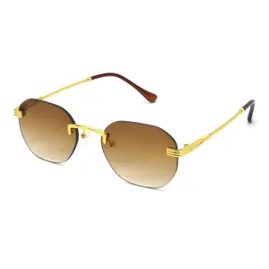 Unisex frameless polarized brown sunglasses - reinforced metal frame with gold temples, stylish and trendy design suitable for outdoor/travel/hiking scenarios SM004