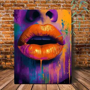 1pc Vibrant Purple & Orange Lips Abstract Canvas Art – Wooden Framed Wall Decor for Bedroom or Living Room, Ready to Hang Pop Art Print, Bold Modern Home Decor Gift, Highquality Print, Room Decor