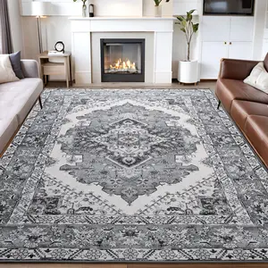 Grey Machine Washable Vintage Area Rug Non-Slip Low Pile Large Rug For Living Room, Bedroom, Farmhouse, Dining Room, 5x8, 7x10, 9x11 Feet