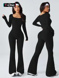 Women's Sporty U-Neck Long Sleeve Yoga Jumpsuit, Slim-Fit Below Knee Knitted Romper for All Seasons, Casual Fashion Wear, Workout Jumpsuit
