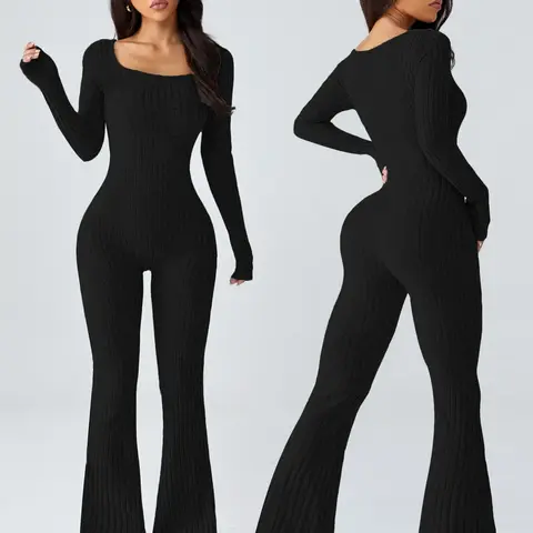 Women's Sporty U-Neck Long Sleeve Yoga Jumpsuit, Slim-Fit Below Knee Knitted Romper for All Seasons, Casual Fashion Wear, Workout Fitness Jumpsuit, Activewear Jumpsuit, Workout Jumpsuits