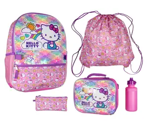 Sanrio Hello Kitty Travel Backpack Neon Rainbows Magic Sequins 5 Piece Set Lunch Bag Cinch Bag Gadget Case Water Bottle 16"