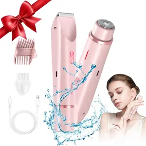 Bikini Trimmer for Women, Electric Shaver and Razor Rechargeable 2-in-1 Bodyand Facial Hair Removal Double Head forPainless Trimming of Pubic Face UnderarmLegs, Intimate Pubic Trimmer, IPX7 Waterproof, pink
