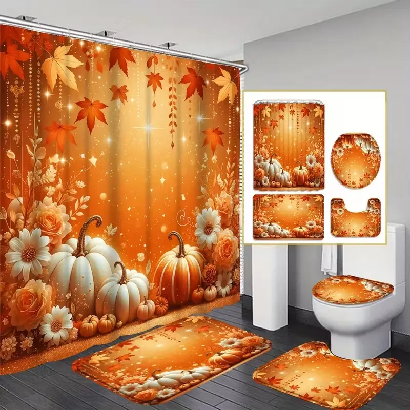 4 pcs Harvest Festival golden pumpkin maple leaf pattern design, Aesthetic shower curtain set, Decorative shower curtain, non-slip floor mat, U-shaped carpet, toilet lid cover, for bathroom decoration, partition, 12 shower curtain hooks included