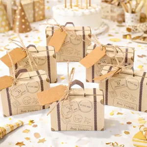 50pcs Mini Suitcase Shaped Gift Boxes+50pcs Vintage Kraft Paper Labels(Hemp Rope Included),Muti-Item Party Favor Packs,Happy Birthday Party Gift Packing Boxes,Wedding Party Gifts For Guests,Baby Shower Party Decorations,Party Table Decor
