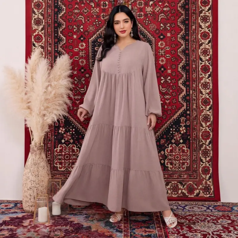 Women's Casual Solid Tiered Sports Dress with Long Lantern Sleeves, Loose-Fitting Modest Cut in Plus Sizes, Lantern Sleeve, Long Sleeve