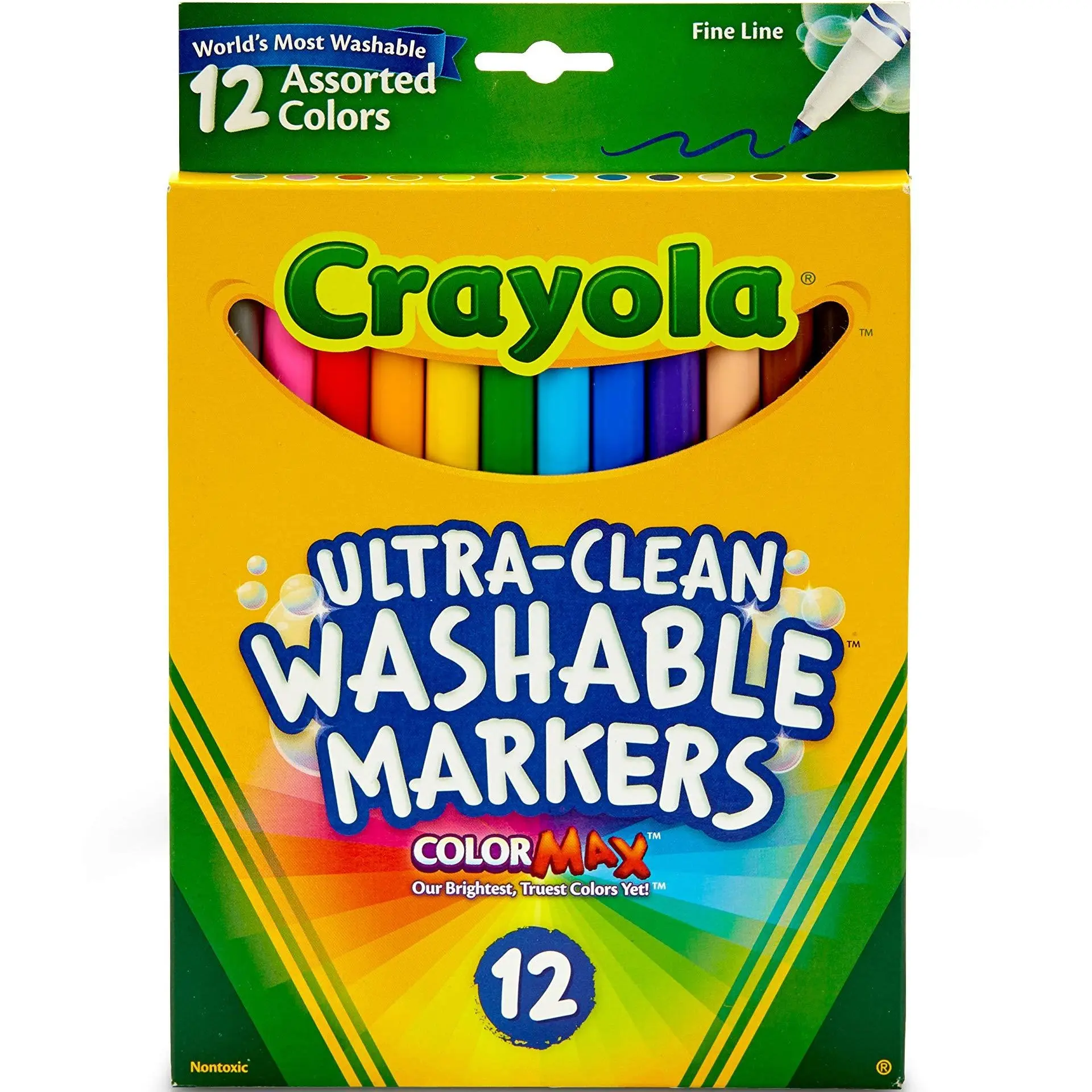 Crayola Ultra Clean Washable Fine Line Markers, 12-Count Set for Kids Age 3+, Office Stationery for Creative Play, Markers Pack