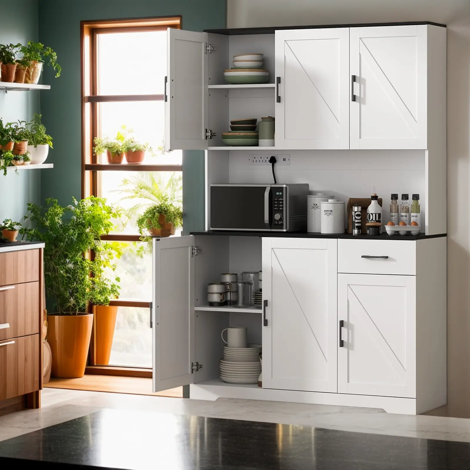 Loomie 71" Farmhouse Kitchen Pantry Cabinet, Tall Kitchen Storage Cabinet with Power Outlet and 4 Adjustable Shelf & 6 Doors, Freestanding Kitchen Hutch Cabinet with Drawer