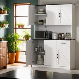 71" Farmhouse Kitchen Pantry Cabinet, Tall Kitchen Storage Cabinet with Power Outlet and 4 Adjustable Shelf & 6 Doors, Freestanding Kitchen Hutch Cabinet with Drawer