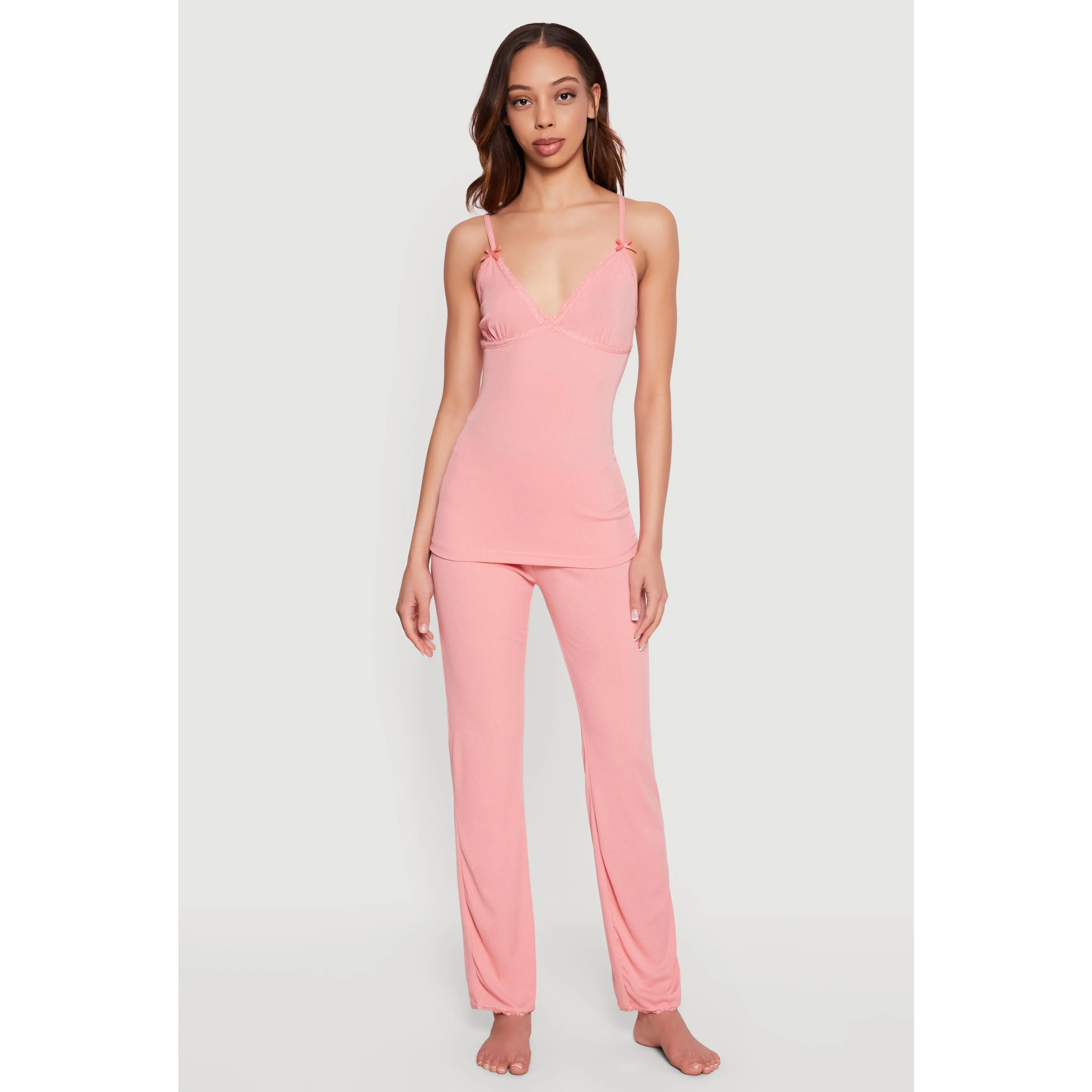 Rib Knit Lace Trim Pajama Cami and Pants Set