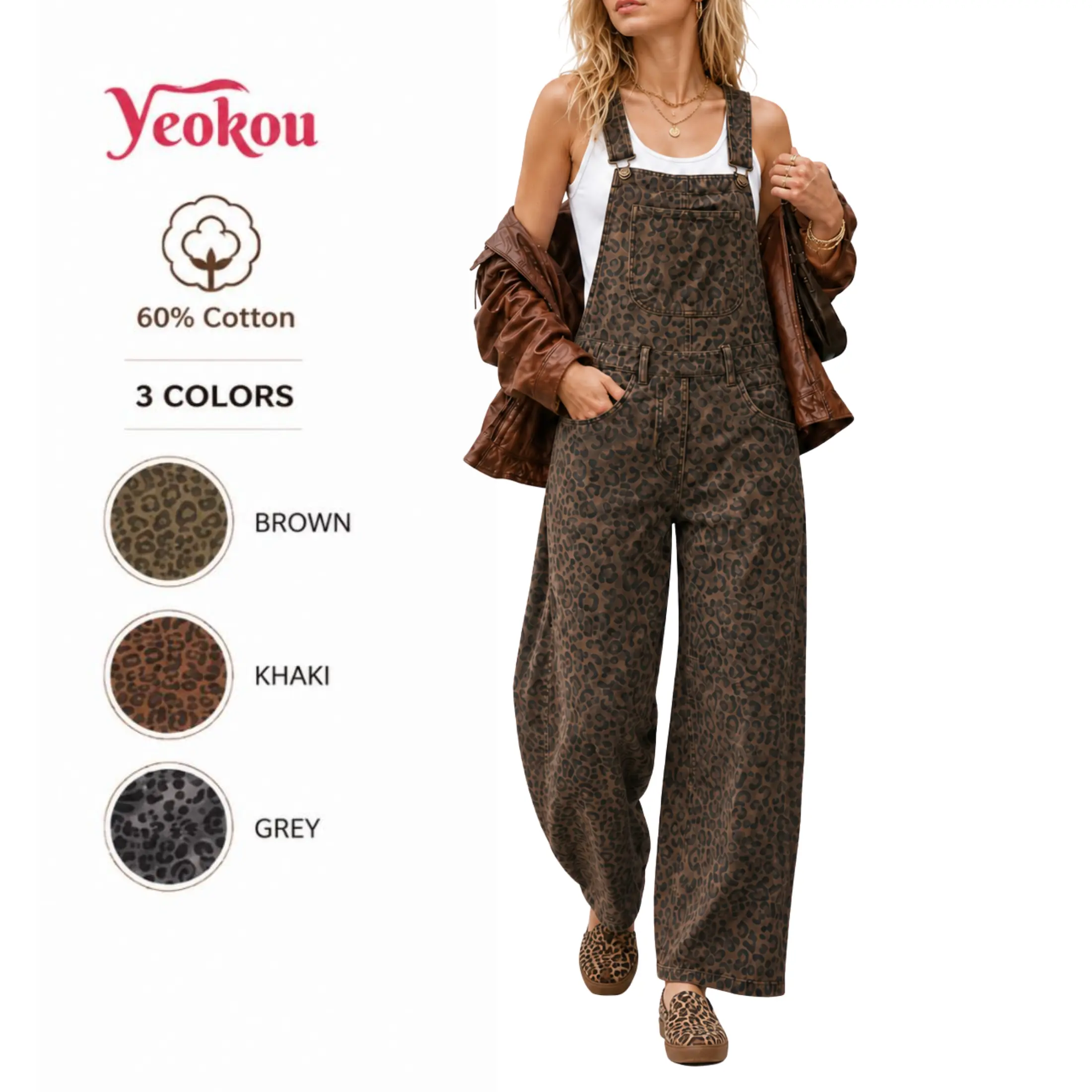 Yeokou Women's Fashion Cotton Leopard Bib Overalls - Buckle & Strap Details, Baggy Barrel Wide-Leg Boyfriend Patchwork Denim Jumpsuit,sohochic