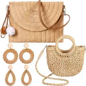 2 Pack Women Straw Crossbody Bag Straw Clutch Rattan Purse for Women with 2 Pairs Rattan Earrings for Summer Beach Holiday Accessories