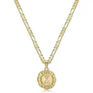 Initial Necklaces for Women, 14K Gold Plated Round Letter Pendant Capital Monogram Necklace Alphabets from A-Z Figaro Chain Jewelry