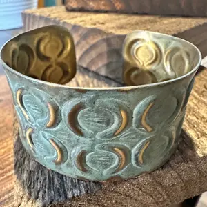 Handcrafted Artesian Boho Brass Patina Bracelet, Turquoise with Brass Crescents, Adjustable, Gift Box