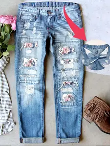Women's Valentine's Day Patch Ripped Distressed Mid-Waist Boyfriend Fit Washed Floral Print Loose Casual Denim Jeans Pants Button Elastic Waistband Breathable Comfort Fabric All Seasons Wear