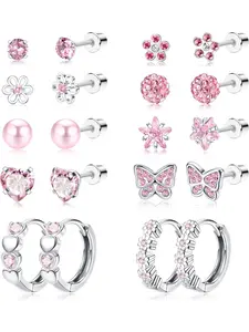 Sweet 10 Pairs Pink Hypoallergenic Screw Back Earrings Stainless Steel Screw Back Stud Earrings for Women Men Glamorous Heart CZ Flower Butterfly Cute Hoop Earring Set Heart Shape Earrings