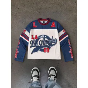 Men's Letter Print Contrast Color Round Neck Long Sleeve Casual T-Shirt Los Angeles Los Angeles Shirt Los Angeles Jersey,Fall