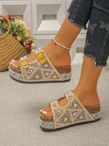New Fashion Rhinestone Pearl Thick Sole Slippers, Outdoor Summer Beach Vacation Shoes, Height-Boosting Sandals, Trendy Design