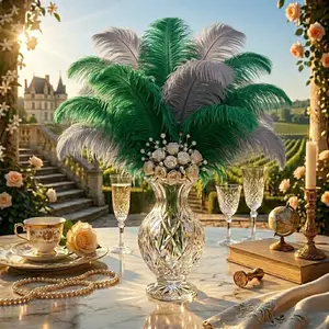 13 Pcs  Faux Ostrich Feathers — Soft & Fluffy Wedding Centerpiece Fillers, Vase Fillers, Party & DIY Decorations (12–14 Inches) — 7 Grass Green & 6 Gray