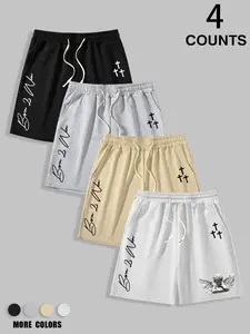 Men's 4-Pack "Born 2 Win" & Cross Print Casual Shorts, Elastic Waist Gym Workout Shorts, Breathable Summer Bottoms #4PackShorts #Born2WinPrint #CrossAngelShorts #GymCasualBottoms #TikTokMadeMeBuyIt