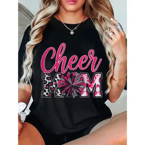 100% Cotton Cheer Mom Hot Pink Black Leopard Lettering Cheerleading Women's T-Shirt - Seseable
