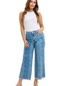 Judy Blue High Waist Ankle Wide Leg Denim Jeans in Snakeskin Print 881107
