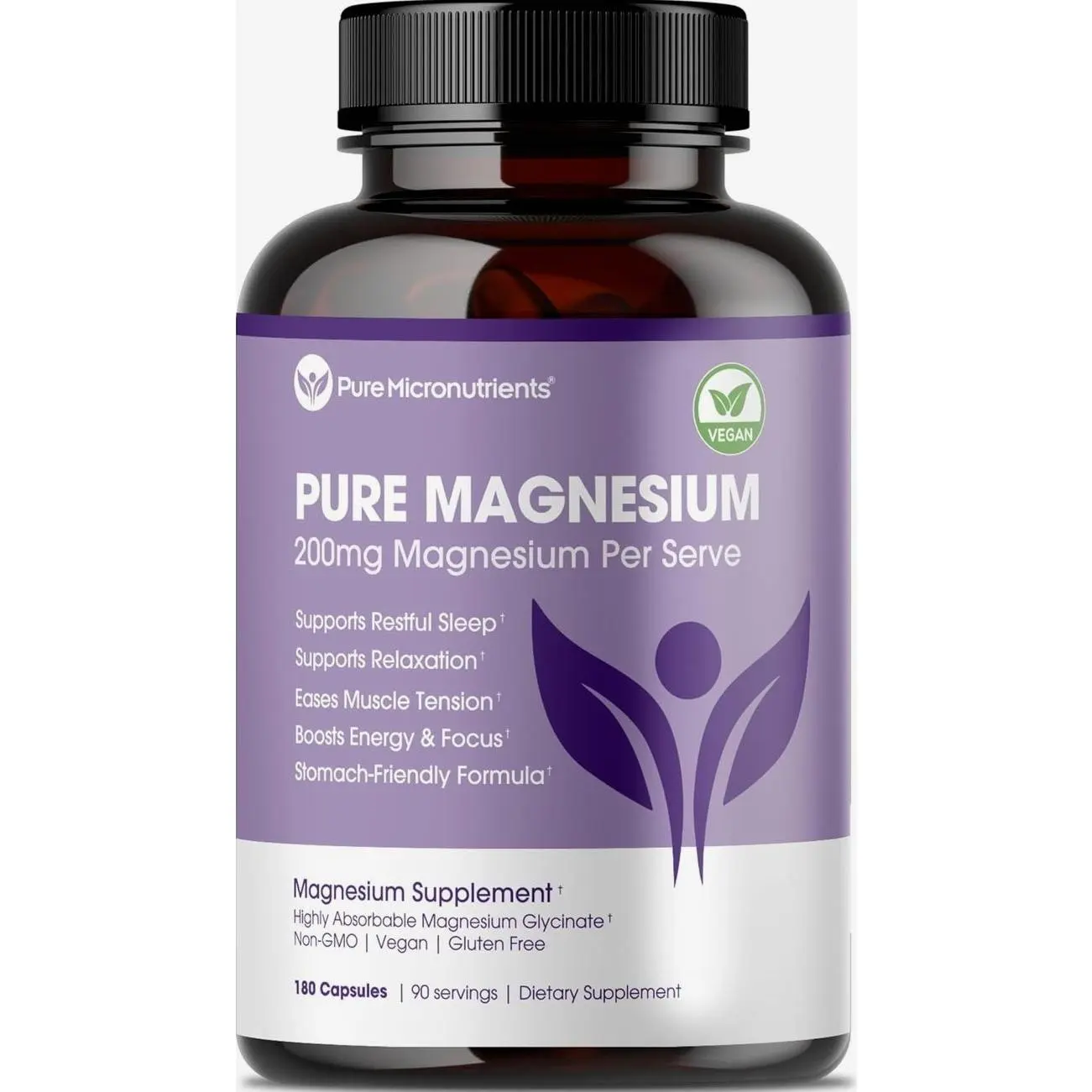 Pure Magnesium Glycinate Supplement – Highly Absorbable Chelated Magnesium to Support Sleep, Muscle & Nerve Health, Energy, Relaxation & Bone Health – 200mg Per Serving, 180 Capsules