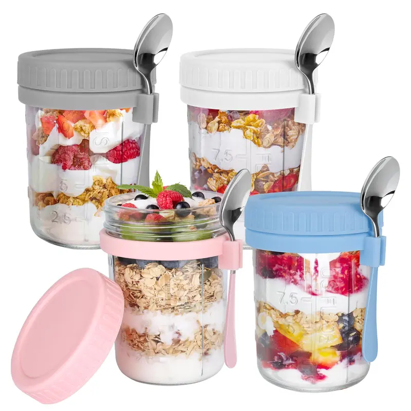 4 Pack Colorful 16oz Glass Mason Jars with Airtight Lids & Stainless Steel Spoons for Overnight Oats, Cereal, Fruit - BPA-Free, Dishwasher Safe, Compact Travel Friendly Storage Containers