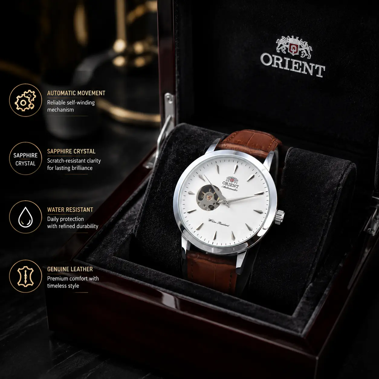 Pearlora Men's Brown Square Mechanical Watch - 2026 Model, Automatic Movement, Brown Leather Strap, Analog Chronograph, Casual Business Wristwatch, Dependable Functionality, Versatile for Casual & Formal Wear