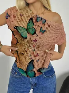Spring Summer Women's Beach Vacation Style Asymmetrical Neck Shoulder Reveal Batwing Sleeve Semi-Transparent Lace, Butterfly Print Knit Top