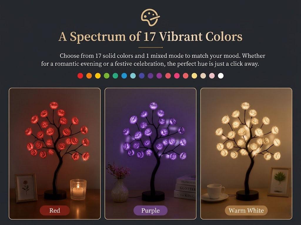 RGB LED Rose Flower Tree Lamp - Remote Control, Upgraded Chip, Timer, USB/Battery Powered, Dimmable, RGB Night Light, Indoor Table Lamp, Camping Lantern, Romantic Gift for Her, Housewarming Decor, Indoor Use, Aesthetic Table Lamp