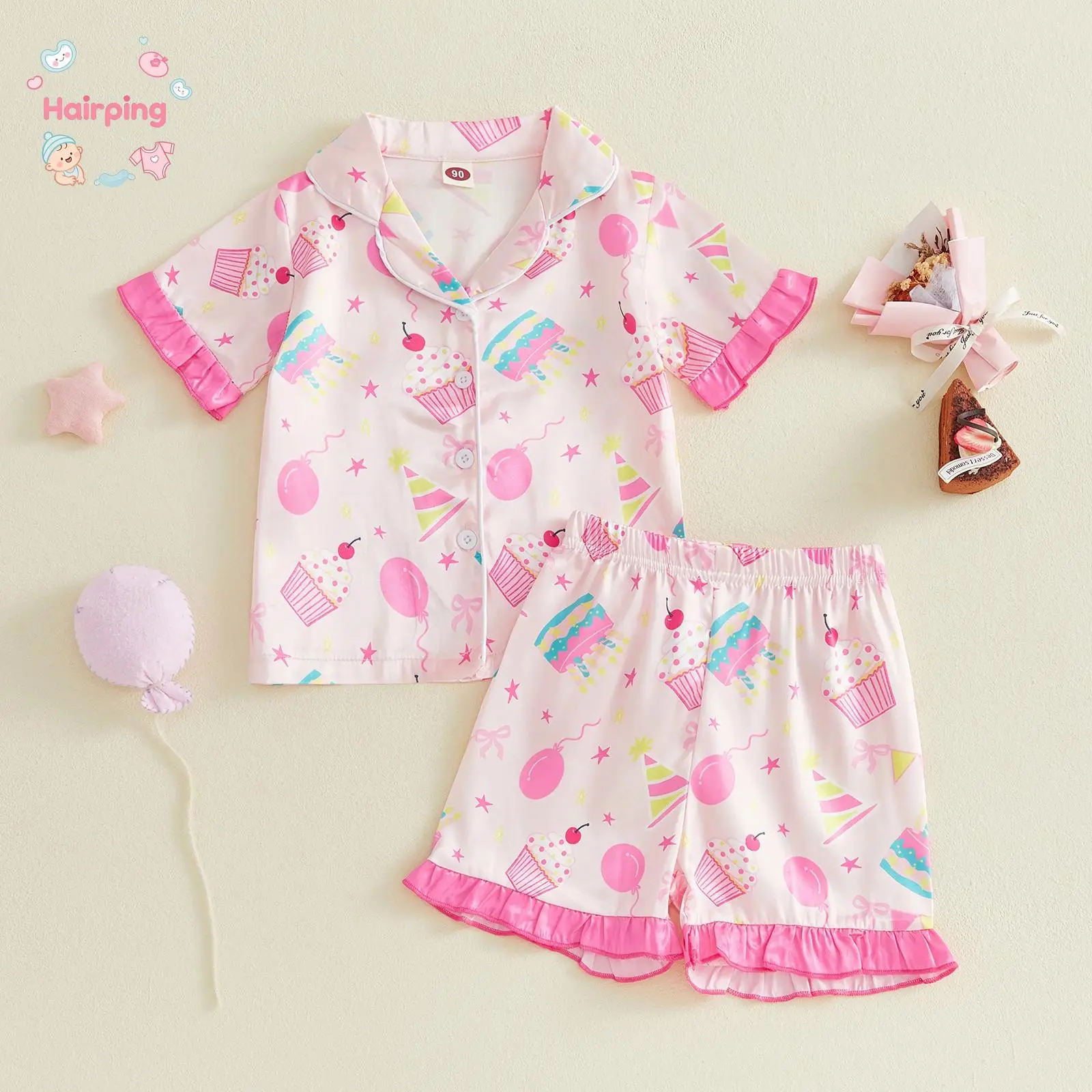 Baby Girls' 2-Piece Pink Satin Birthday Pajama Set - Short Sleeve Button-Down Top, Ruffled Shorts, Cupcake & Balloon Print Loungewear for 12-18 Months/2-3 Years, Soft Sleep & Party Outfit